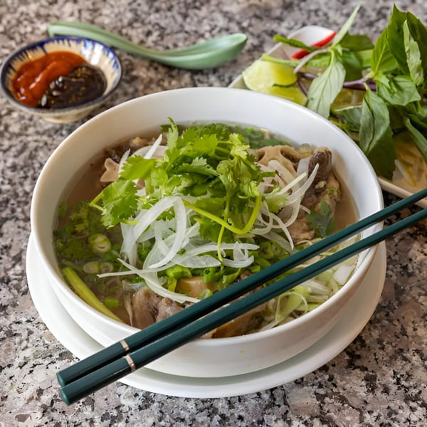 A bowl of Gạo Vietnamese Kitchen's pho with fresh herbs, onions, and chopsticks on a granite table.