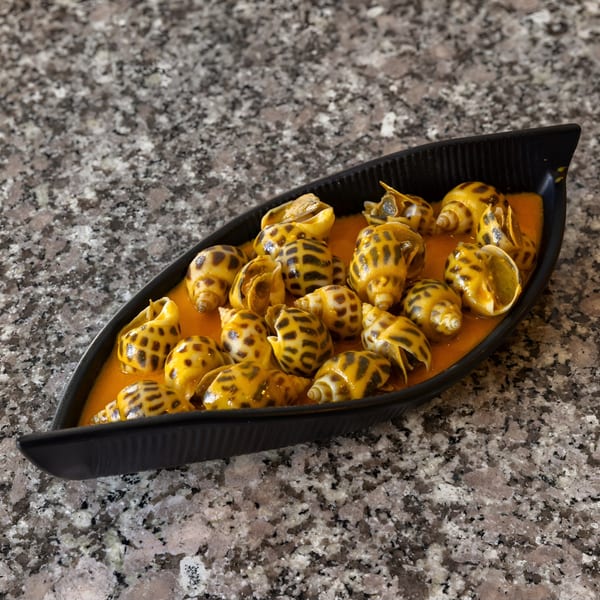Vietnamese spotted babylon snails in a rich orange sauce, served in a black boat-shaped dish.