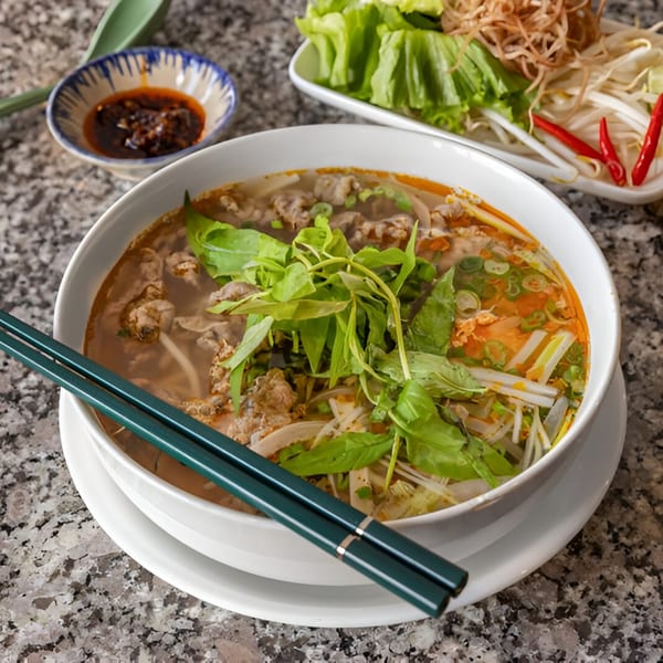 A bowl of Gạo Vietnamese Kitchen's spicy beef noodle soup with fresh herbs and a side of garnishes.
