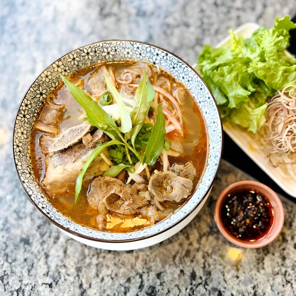 A bowl of Gạo Vietnamese Kitchen's spicy beef noodle soup with herbs, lettuce, and dipping sauce.